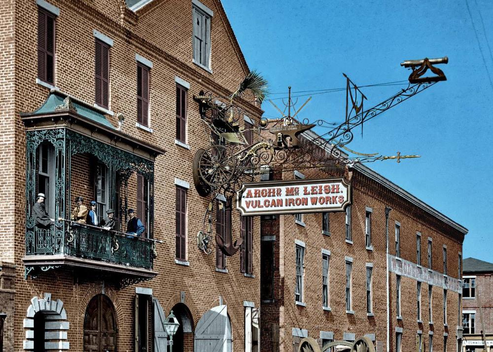 Archibald McLeish Vulcan Iron Works on Cumberland Street captured Charleston SC 1865 colorized.jpg